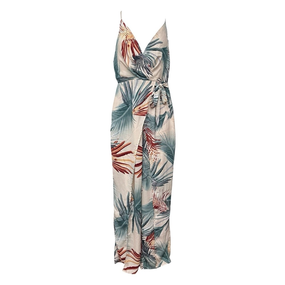Illa Illa Women's Sz Medium Tropical Floral Short Jumpsuit Sheer Pants Faux Wrap